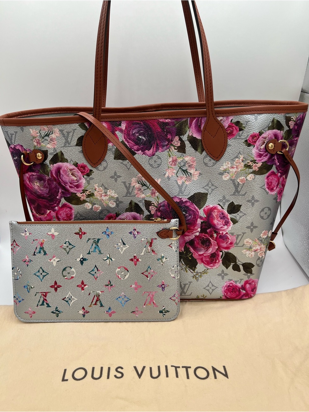 LOUIS VUITTON NEVERFULL MM GARDEN FLOWER ROSES SILVER Metallic BAG Pouch RARE😍🔥 - Picture 13 of 16